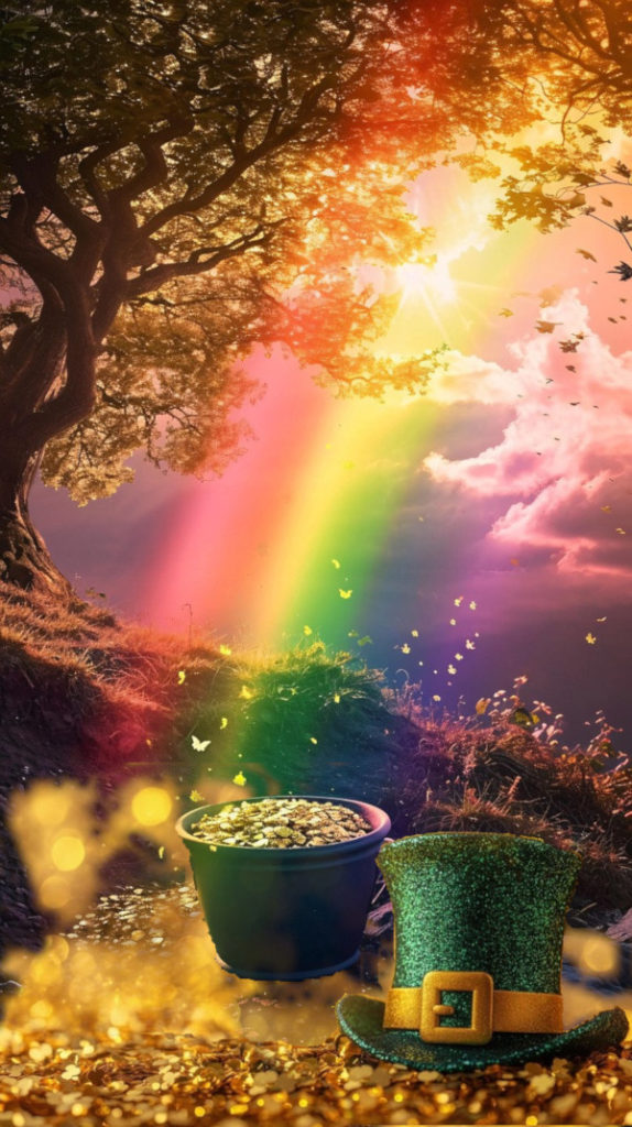 Bei den Fortbildungen von Michaela Huber und ihrer Jahresgruppe tropft das Gold vom Regenbogen ab. Da kommt der Reichtum in goldenen Regenbogen-Schälchen an. Die Regenbogen-Schälchen sind Gold-Münzen der Kelten, die immer wieder in der Erde auf dem Acker gefunden werden. Da ist der Hut vom irischen Leprechaun auch nicht weit.